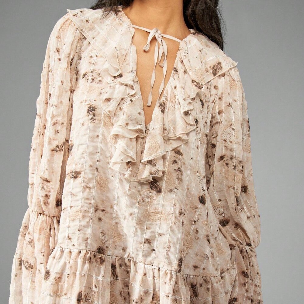 Casual Women's Flowy Ruffle V-Neck Long Sleeve Textured Chiffon Mini Dress - Picture 6 of 6